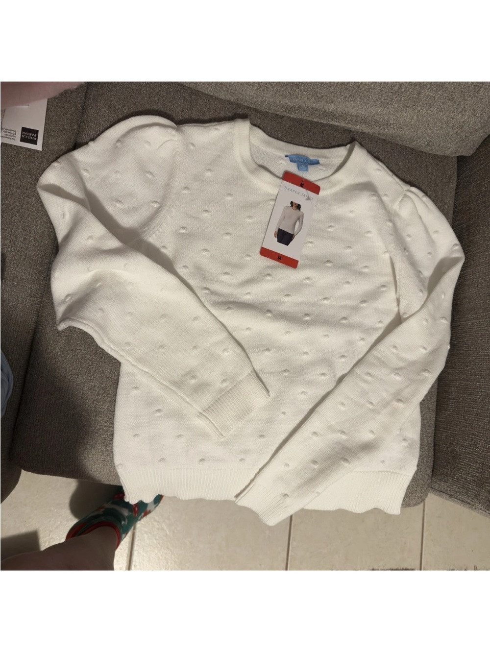 Women's White Pointelle Puff-Sleeve Sweater